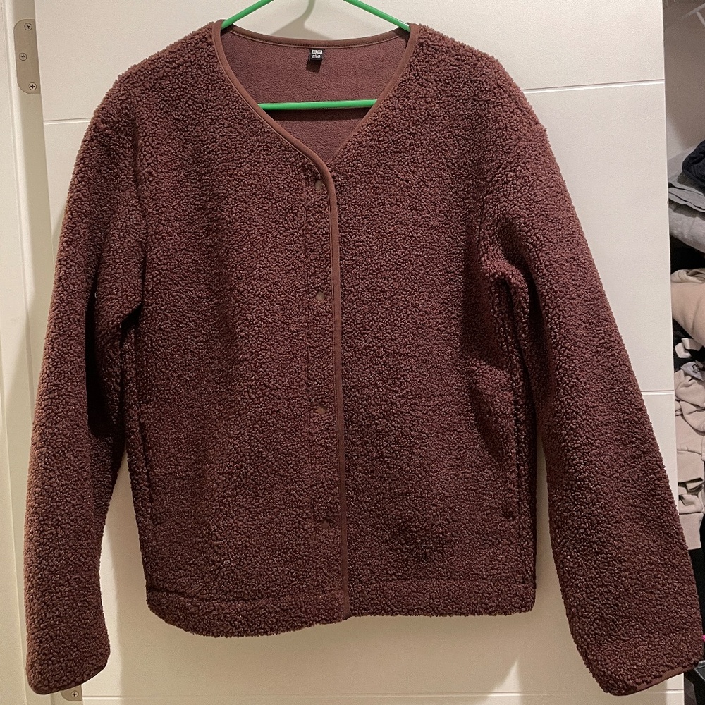UNIQLO Pile Lined Fleece Jacket Button Up V Neck Cardigan M Brown pockets medium